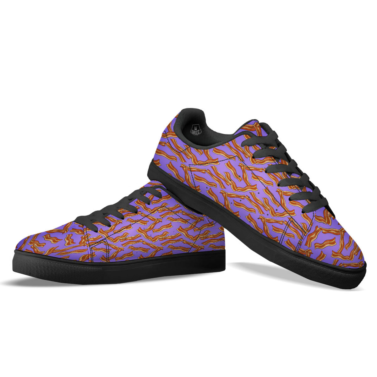 Bacon Purple Print Pattern Black Low Top Sneakers-grizzshop