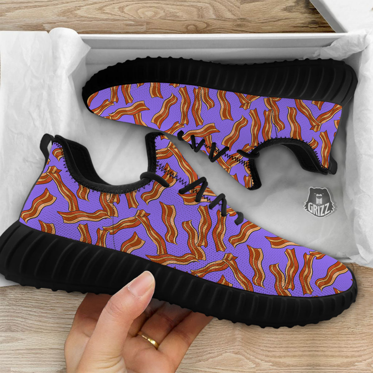 Bacon Purple Print Pattern Black Walking Shoes-grizzshop