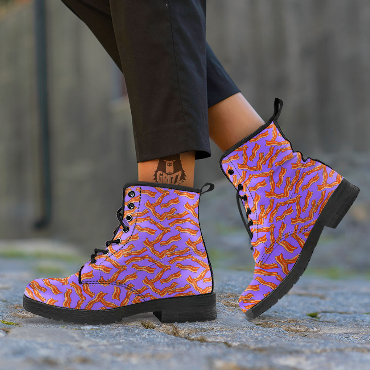 Bacon Purple Print Pattern Leather Boots-grizzshop