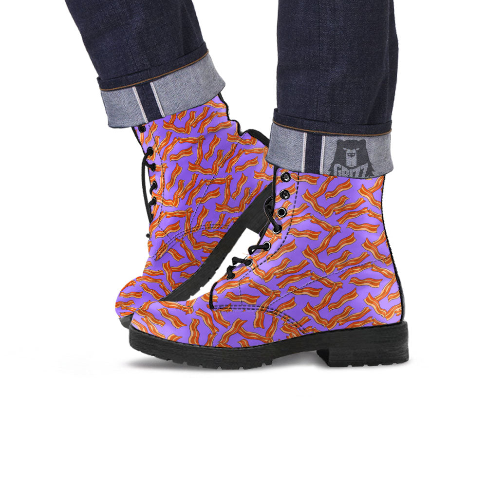 Bacon Purple Print Pattern Leather Boots-grizzshop