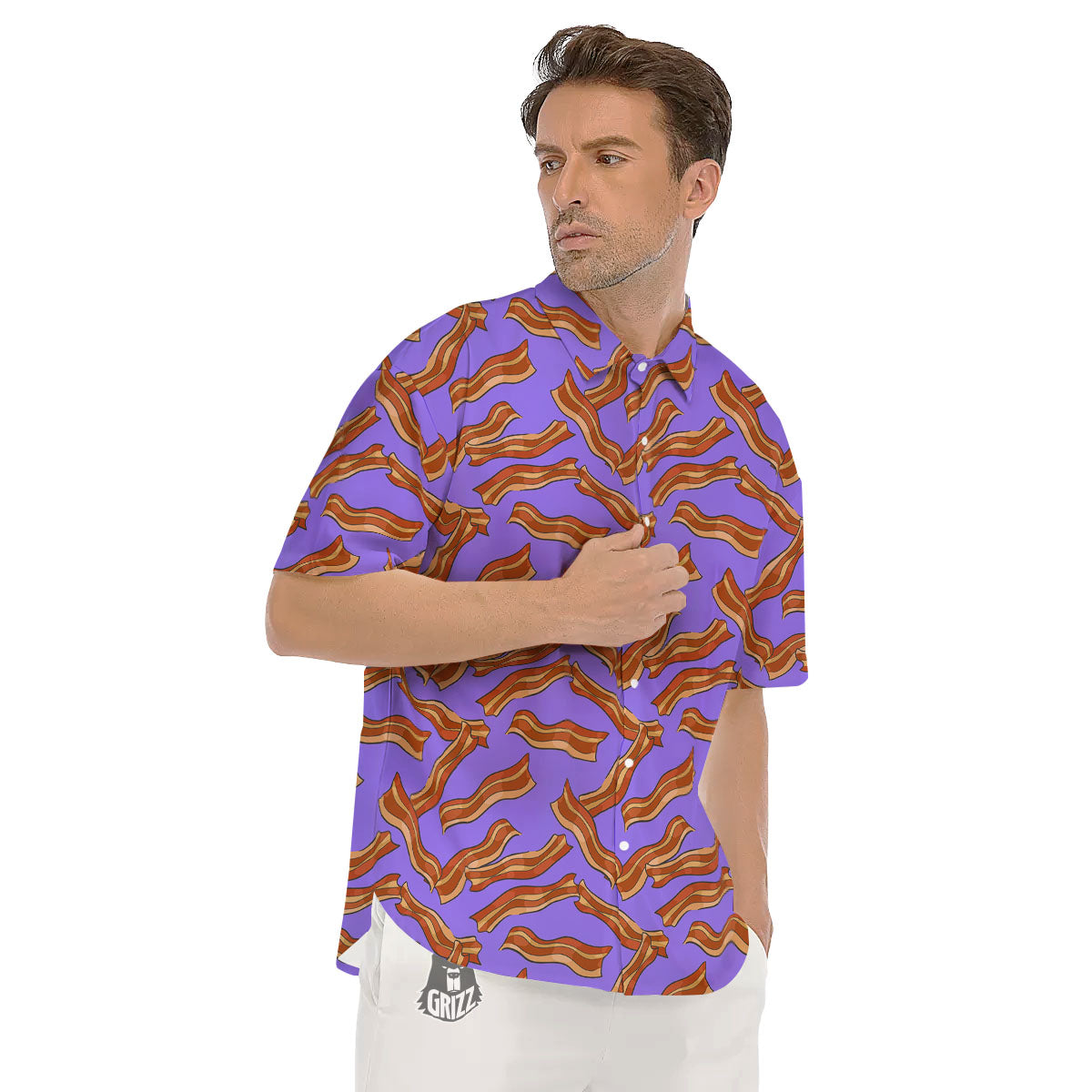 Bacon Purple Print Pattern Men's Short Sleeve Shirts-grizzshop