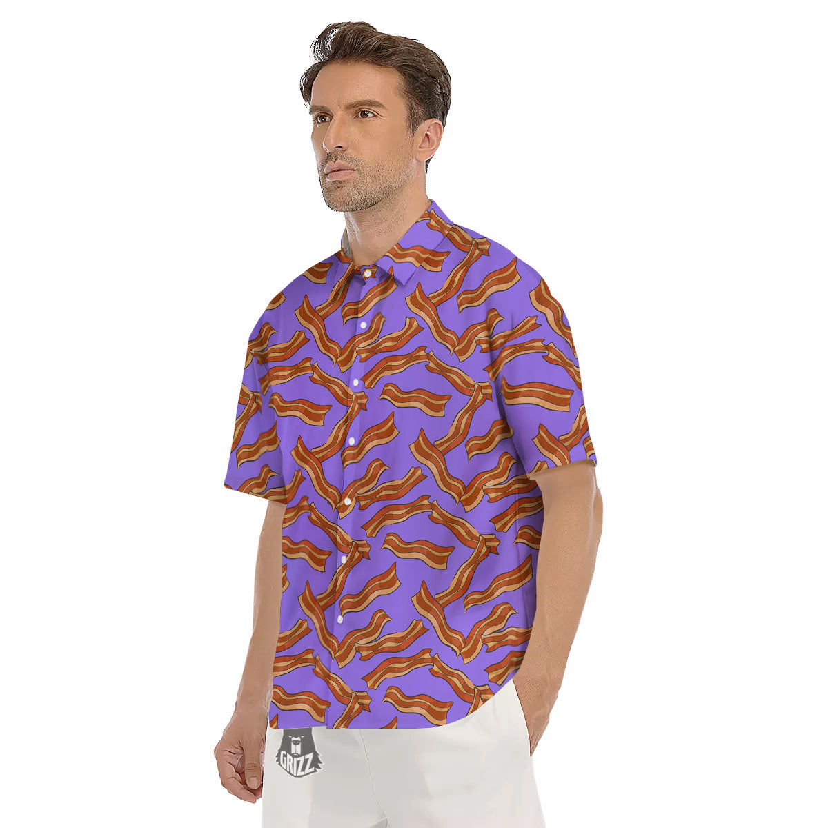 Bacon Purple Print Pattern Men's Short Sleeve Shirts-grizzshop