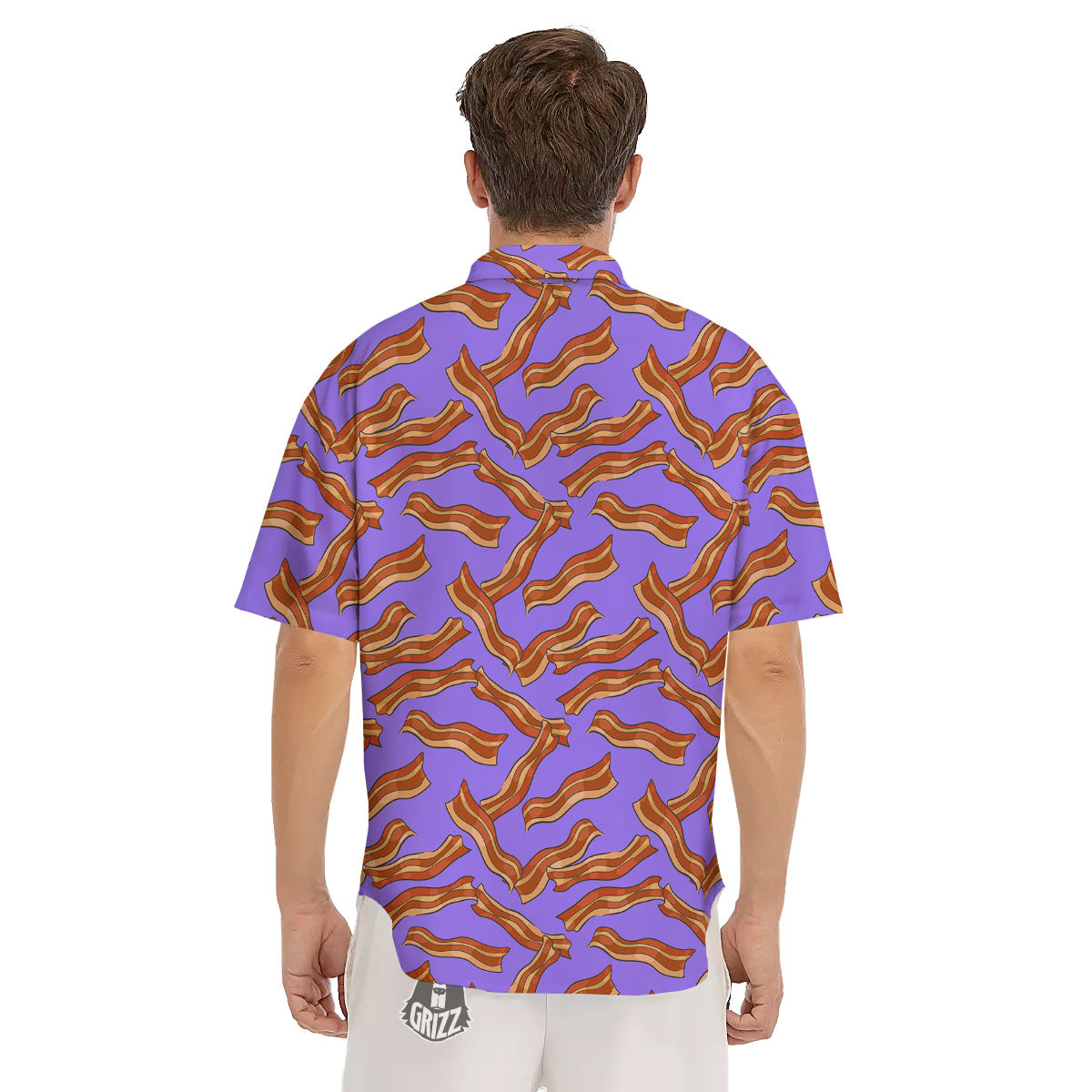 Bacon Purple Print Pattern Men's Short Sleeve Shirts-grizzshop