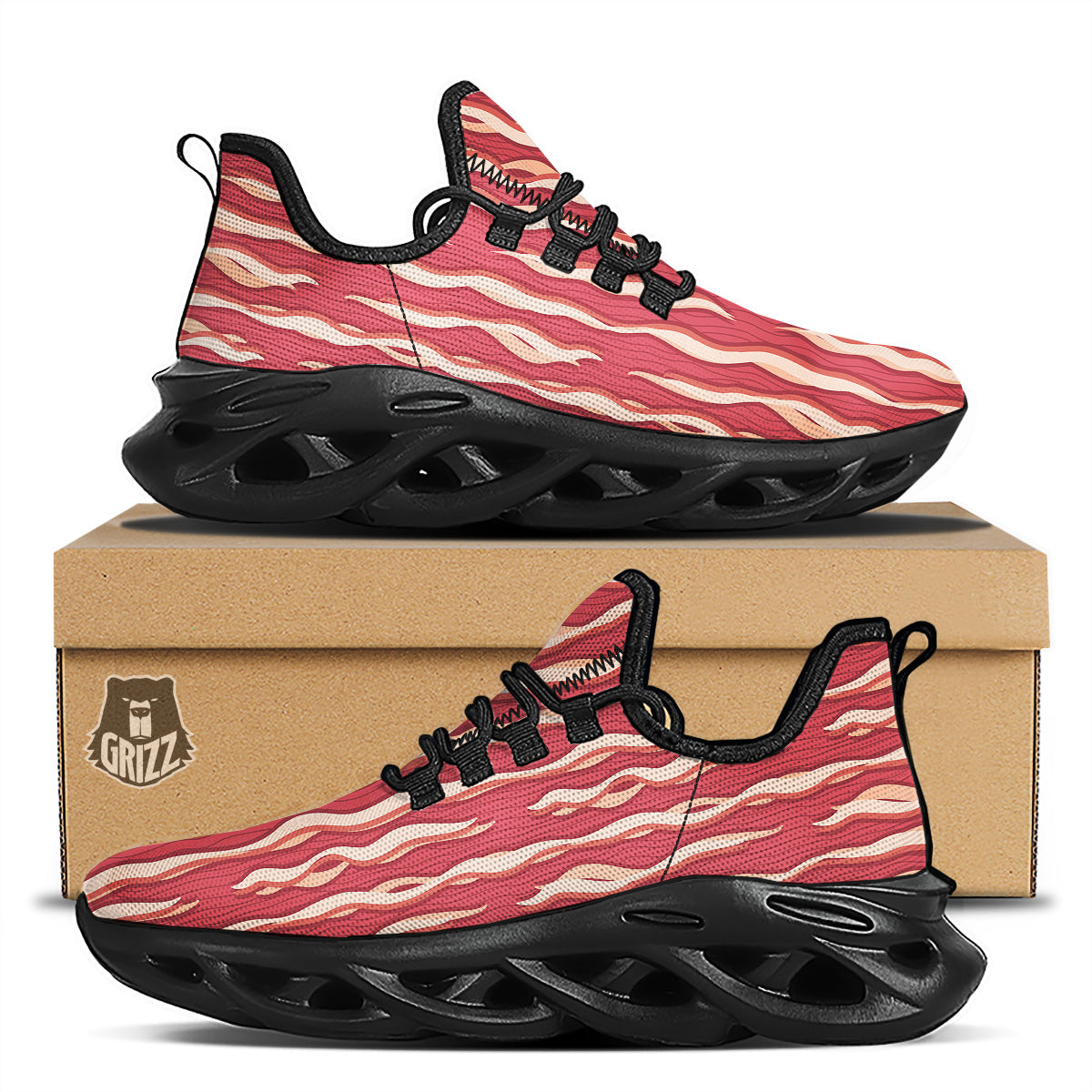 Bacon Texture Print Pattern Black Running Shoes-grizzshop