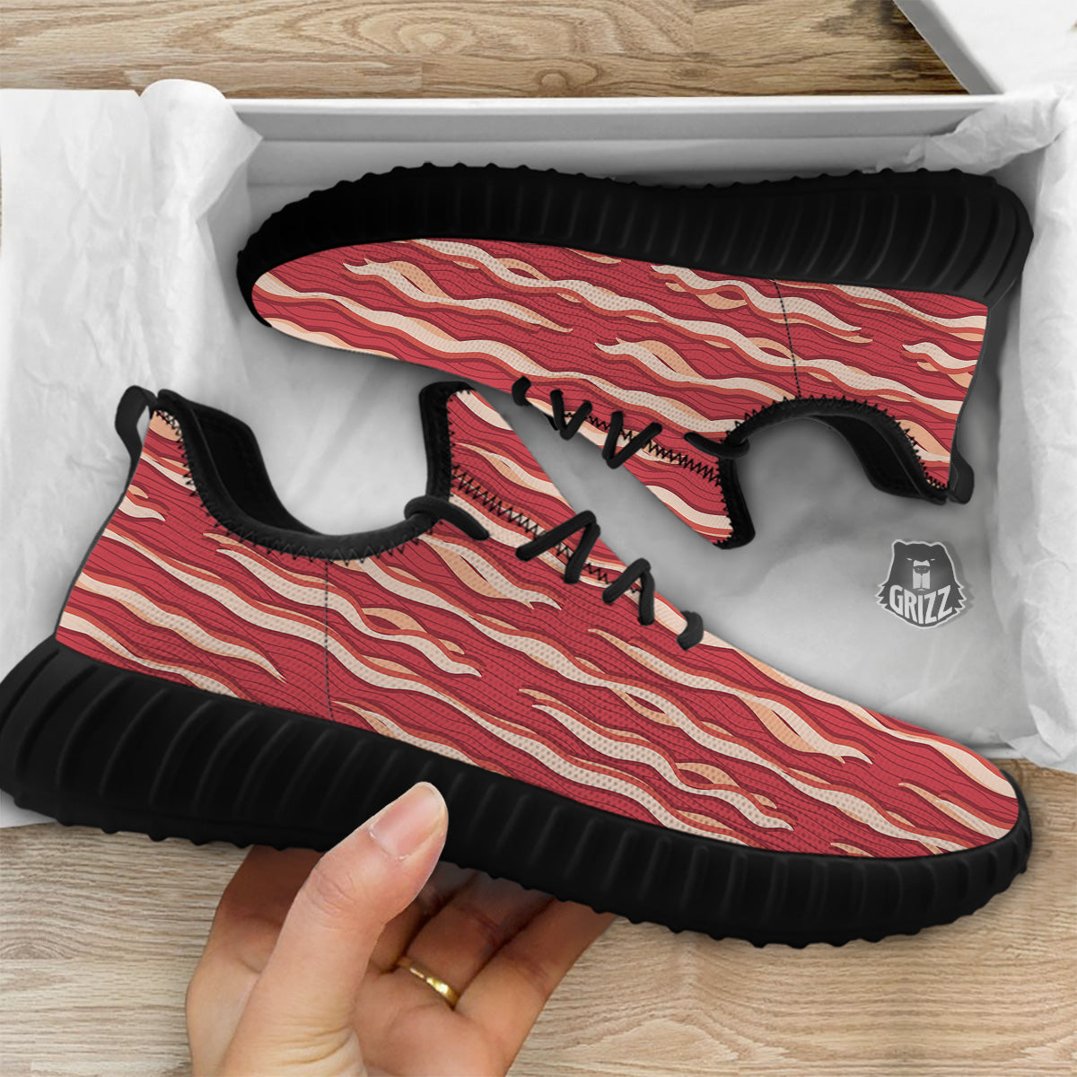 Bacon Texture Print Pattern Black Walking Shoes-grizzshop