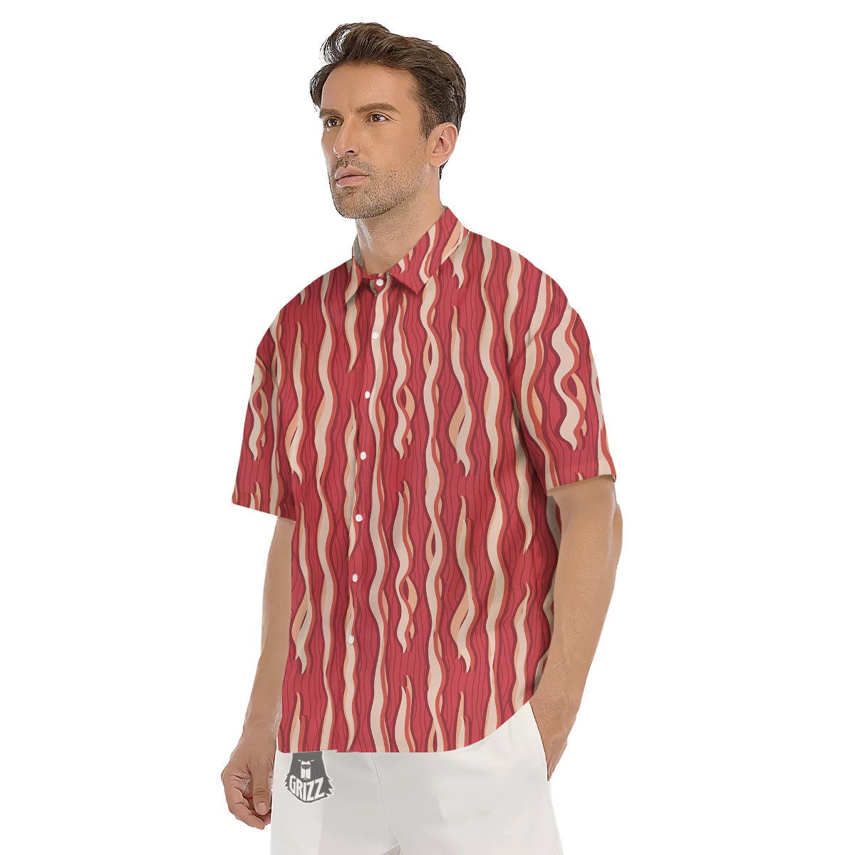 Bacon Texture Print Pattern Men's Short Sleeve Shirts-grizzshop