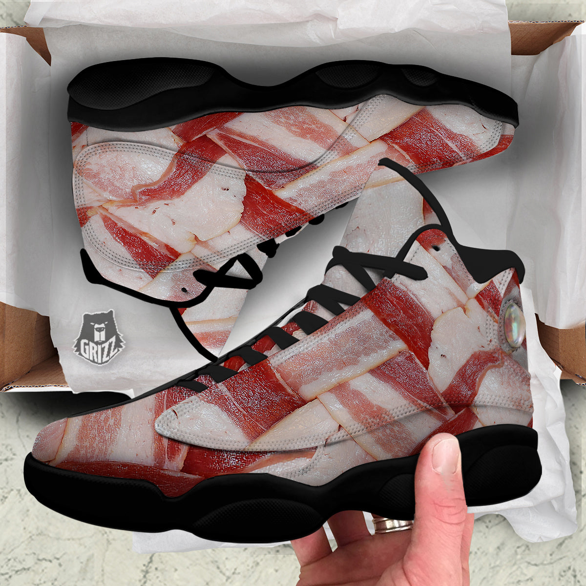 Bacon Weaving Print Black Basketball Shoes-grizzshop