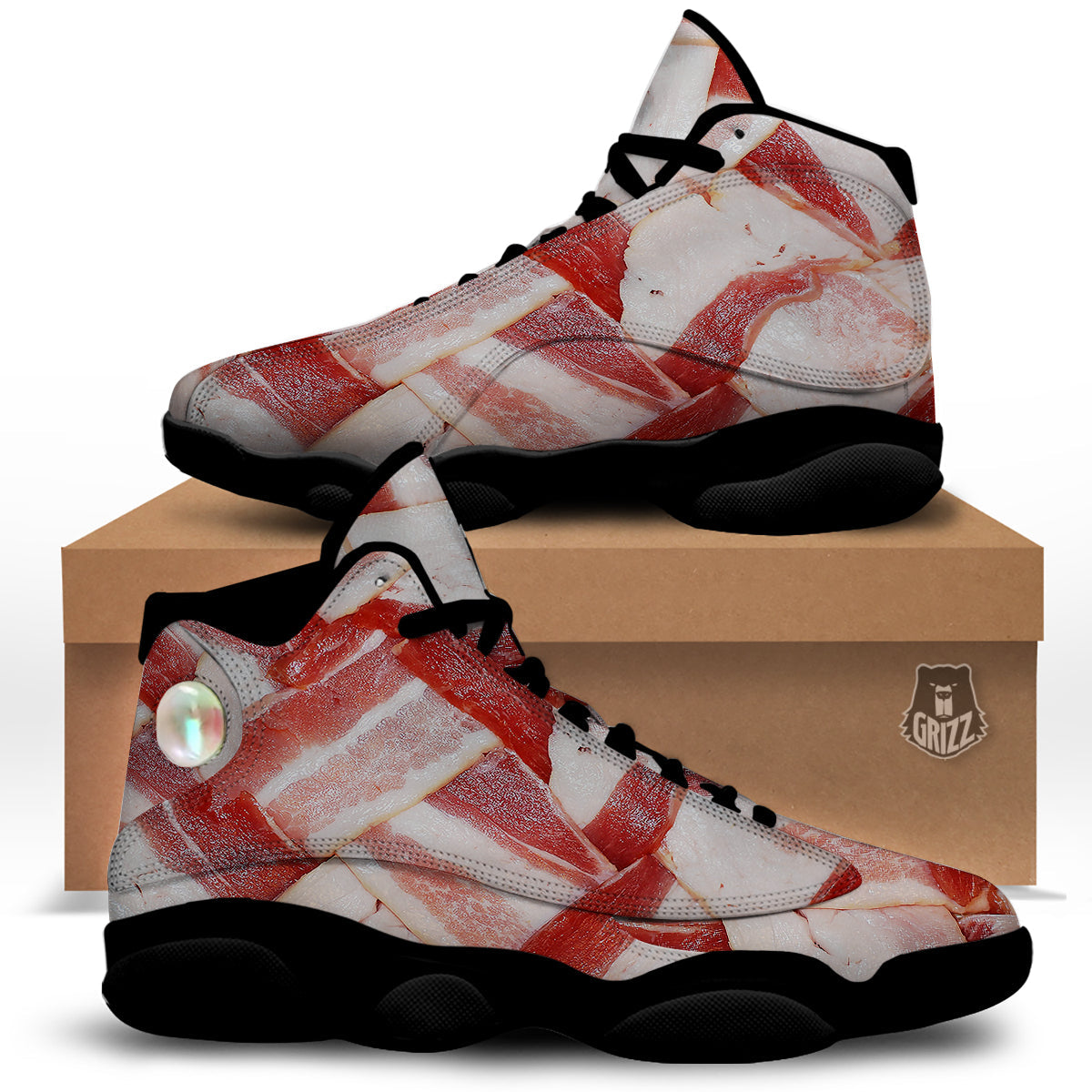 Bacon Weaving Print Black Basketball Shoes-grizzshop