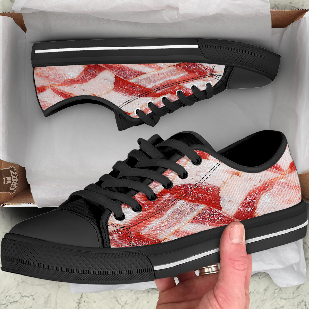 Bacon Weaving Print Black Low Top Shoes-grizzshop