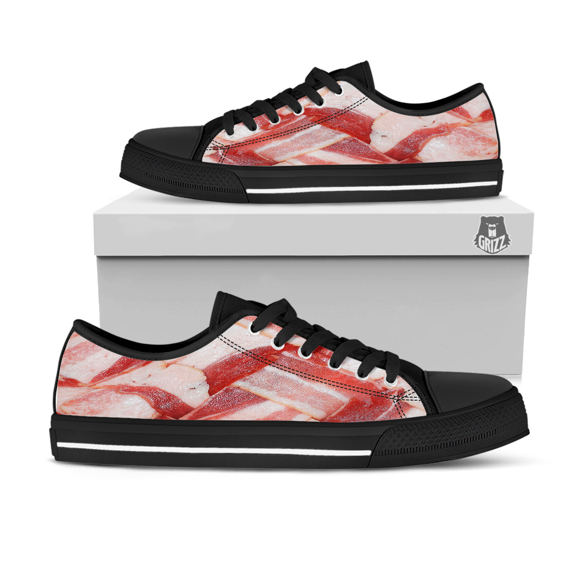 Bacon Weaving Print Black Low Top Shoes-grizzshop