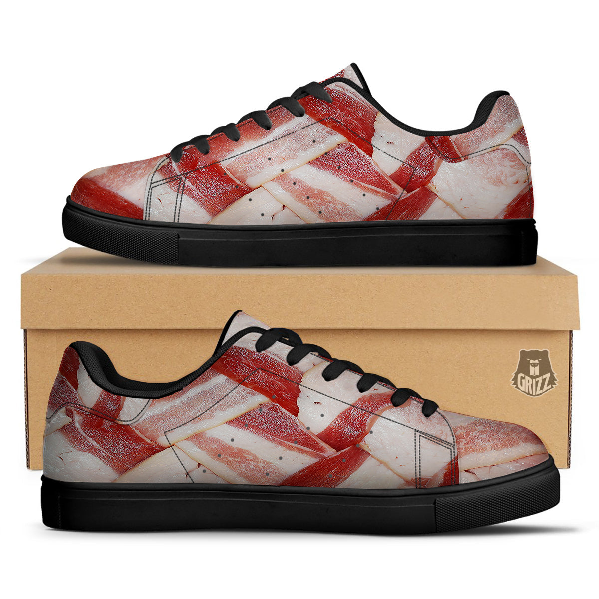 Bacon Weaving Print Black Low Top Sneakers-grizzshop
