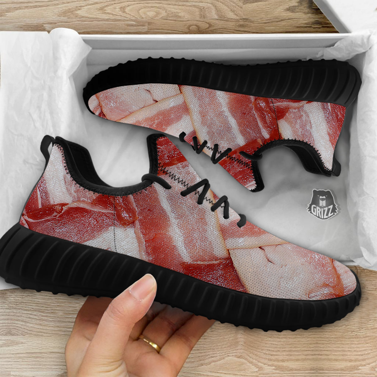Bacon Weaving Print Black Walking Shoes-grizzshop