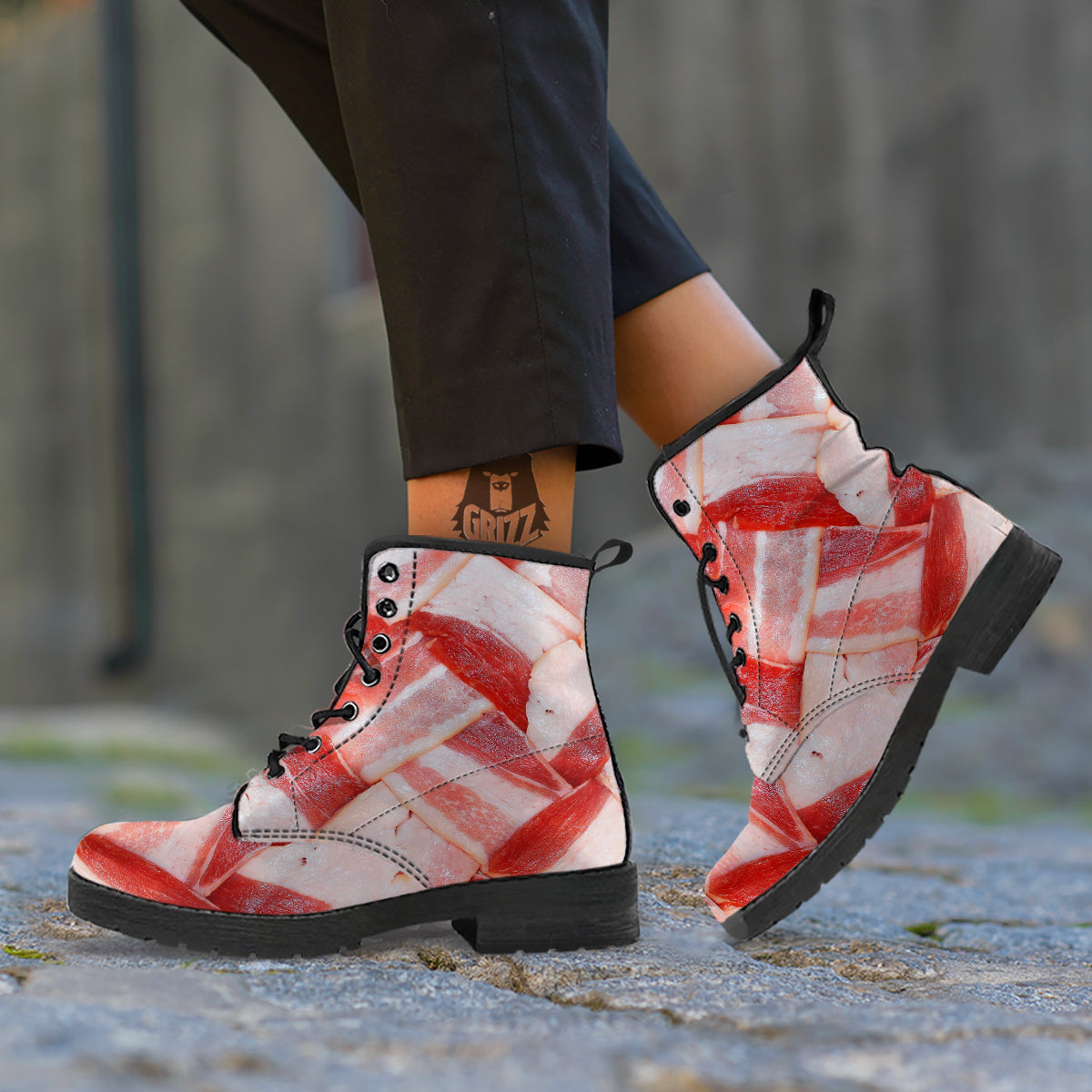 Bacon Weaving Print Leather Boots-grizzshop
