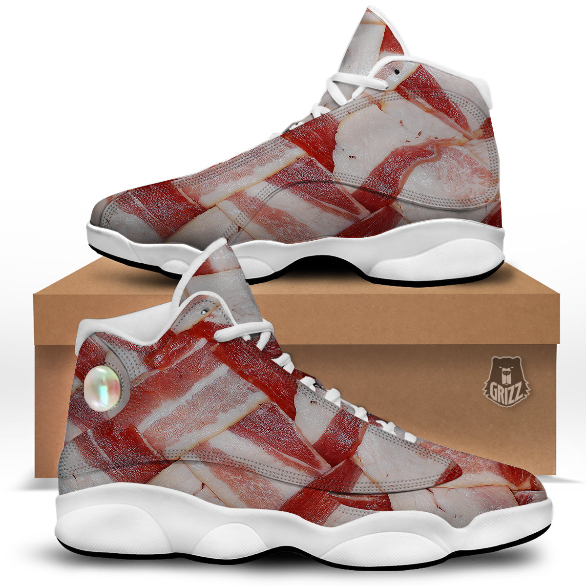 Bacon Weaving Print White Basketball Shoes-grizzshop