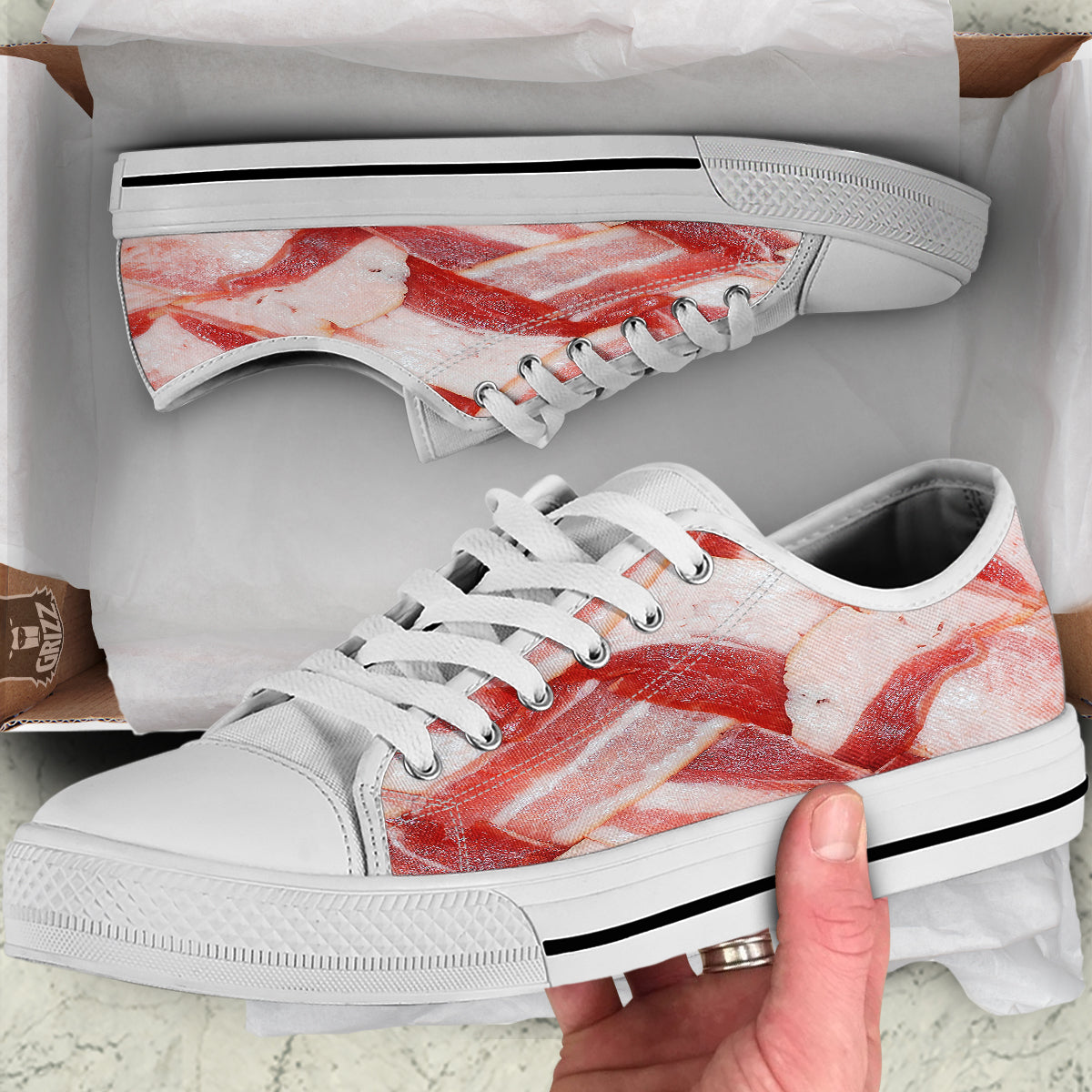 Bacon Weaving Print White Low Top Shoes-grizzshop