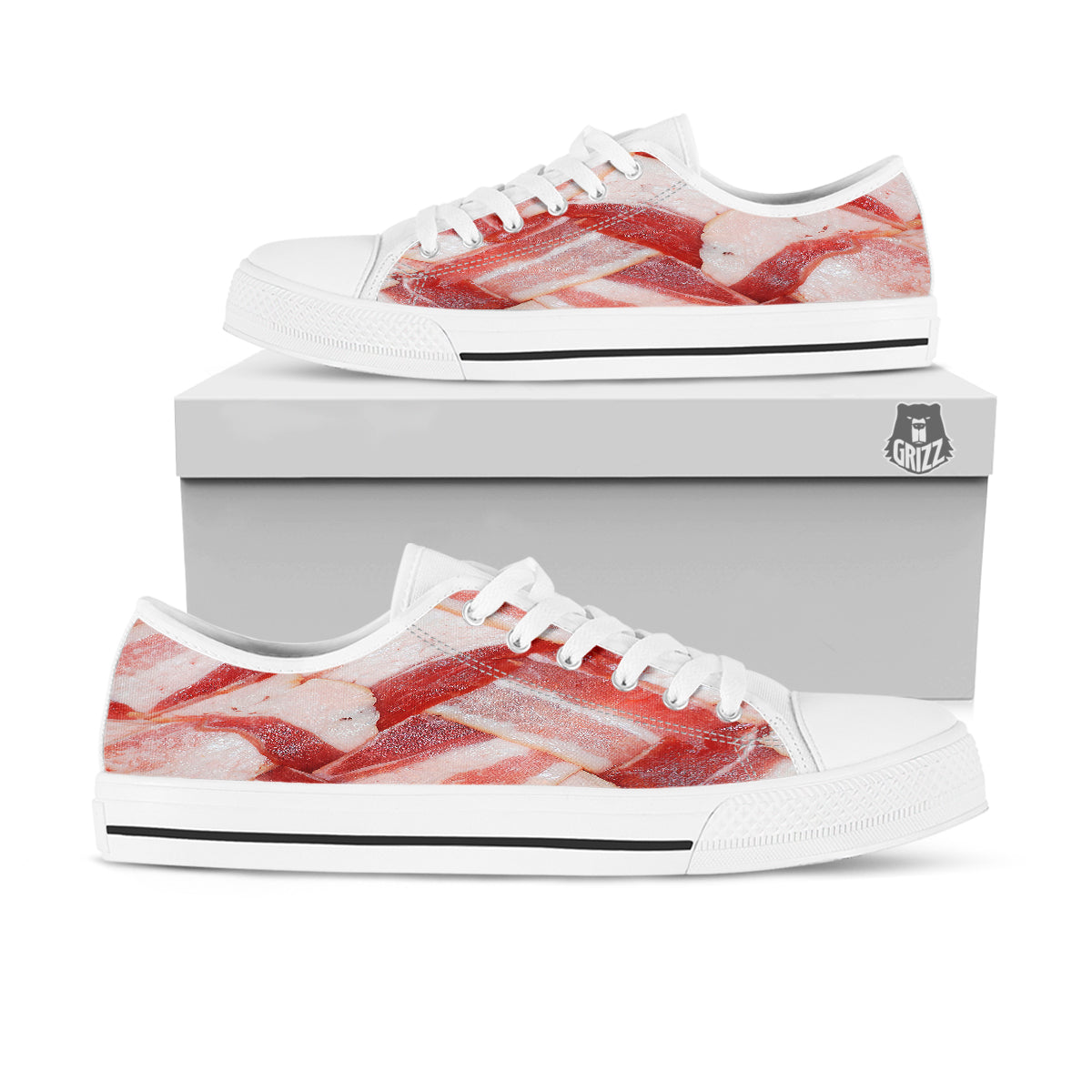 Bacon Weaving Print White Low Top Shoes-grizzshop