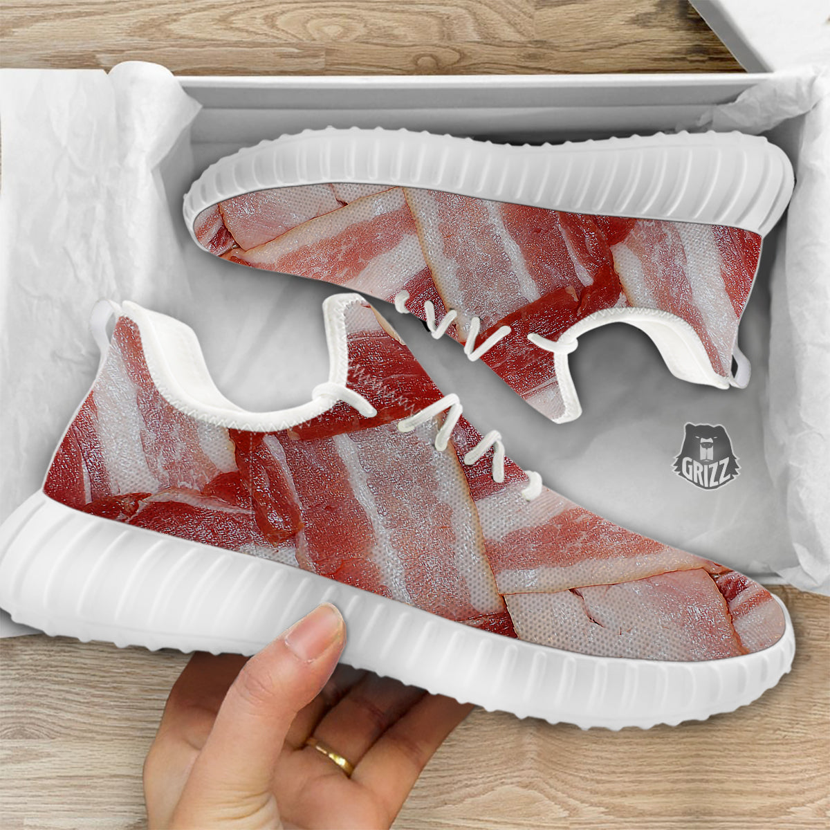 Bacon Weaving Print White Walking Shoes-grizzshop