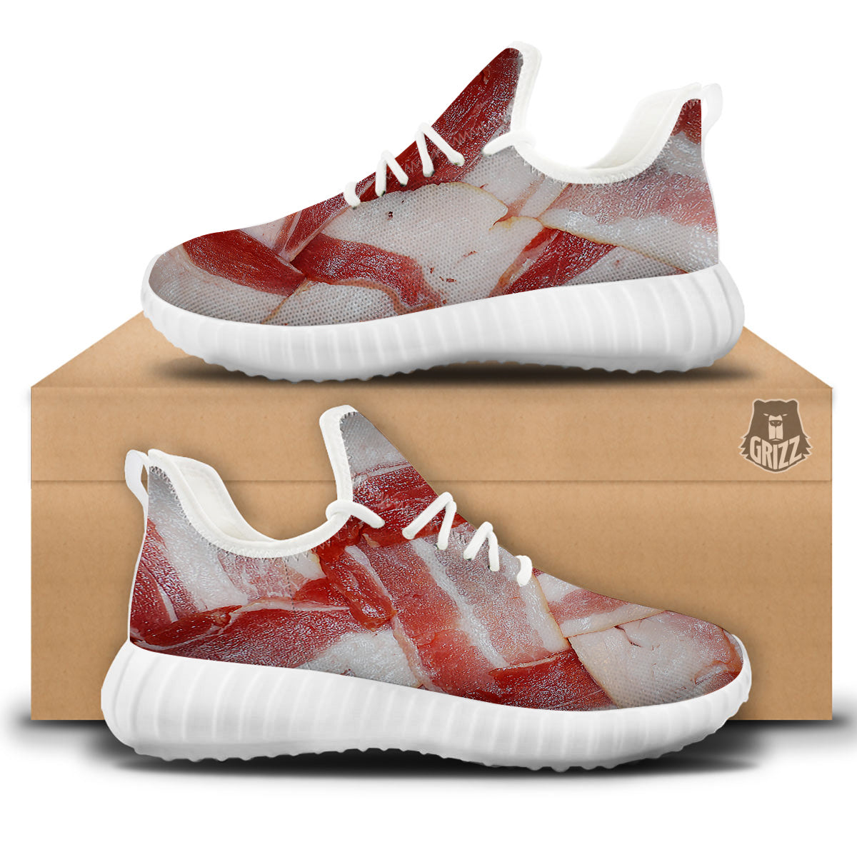 Bacon Weaving Print White Walking Shoes-grizzshop