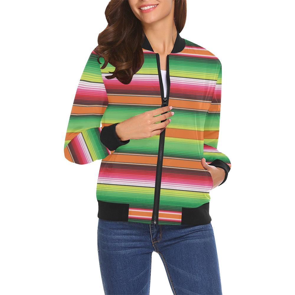 Baja Serape Mexican Blanket Pattern Print Women Casual Bomber Jacket-grizzshop