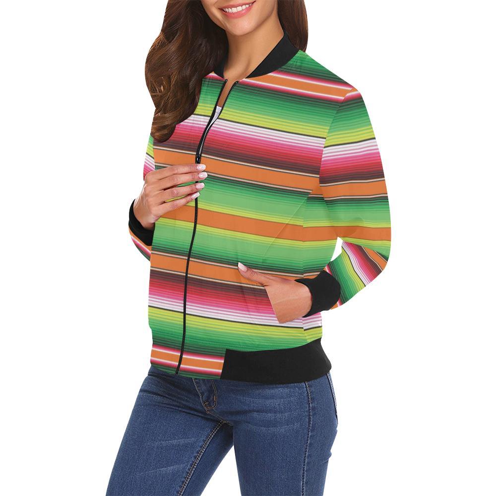 Baja Serape Mexican Blanket Pattern Print Women Casual Bomber Jacket-grizzshop