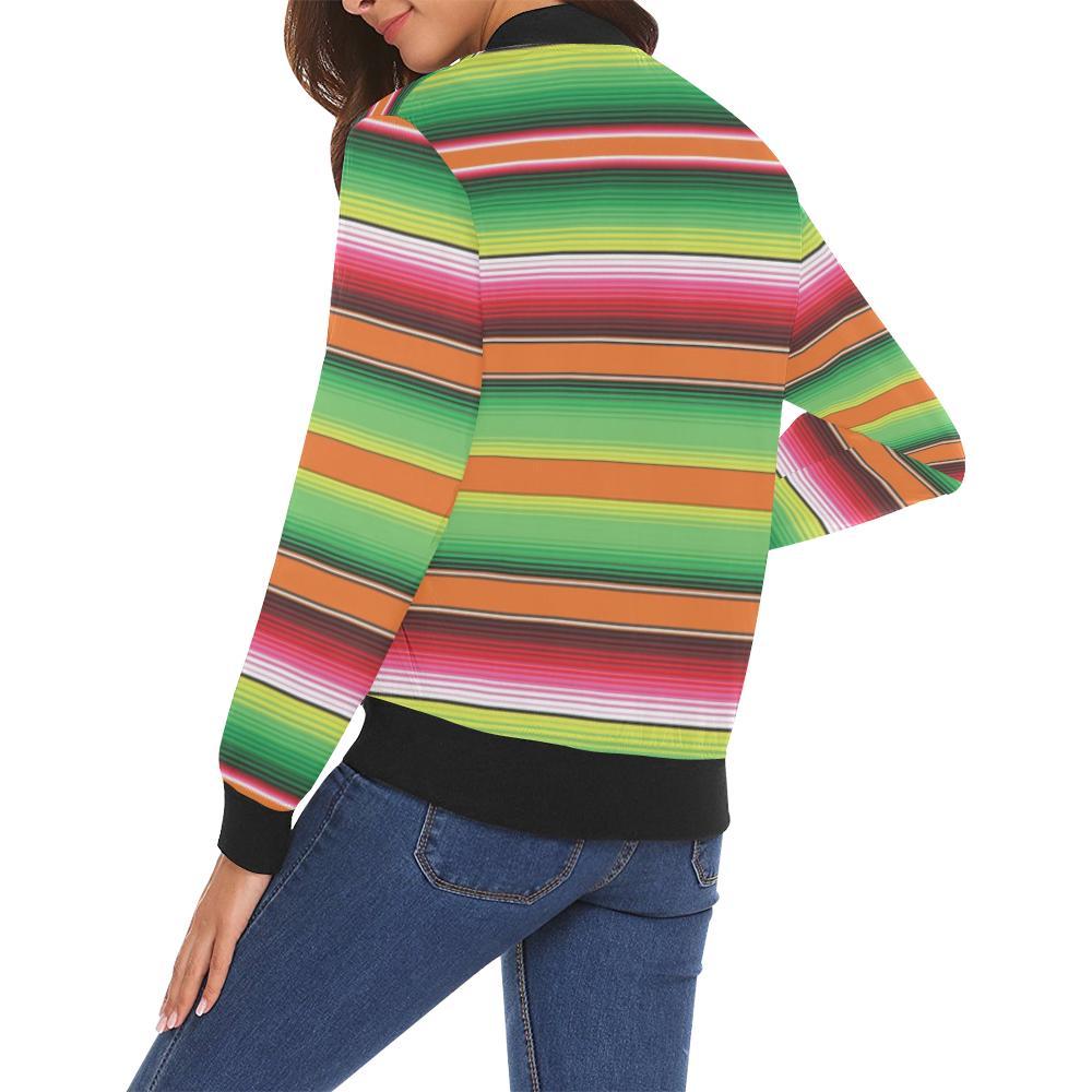 Baja Serape Mexican Blanket Pattern Print Women Casual Bomber Jacket-grizzshop