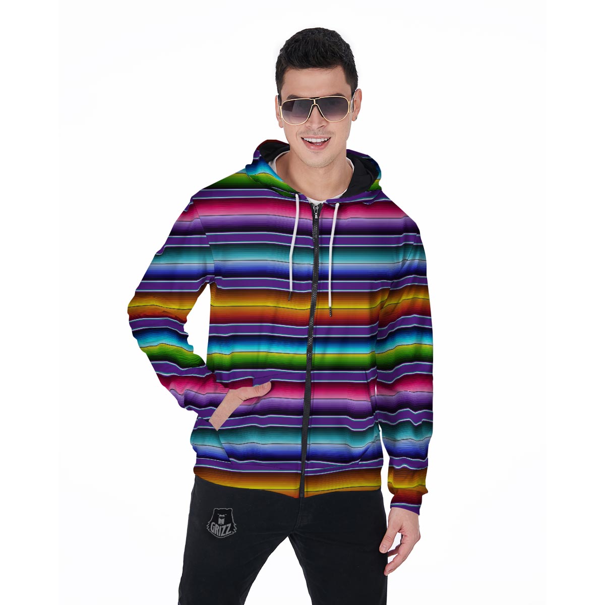 Baja Serape Print Men's Zip Up Hoodie-grizzshop