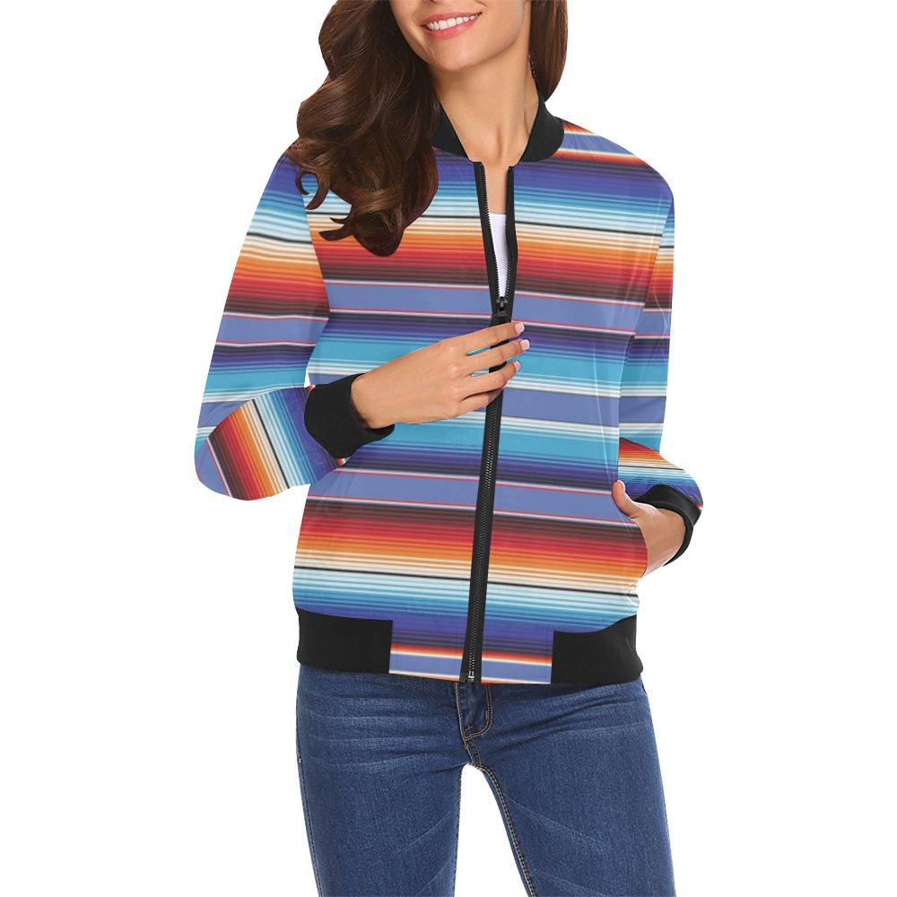 Baja Mexican Blanket Serape Pattern Print Women Casual Bomber Jacket-grizzshop