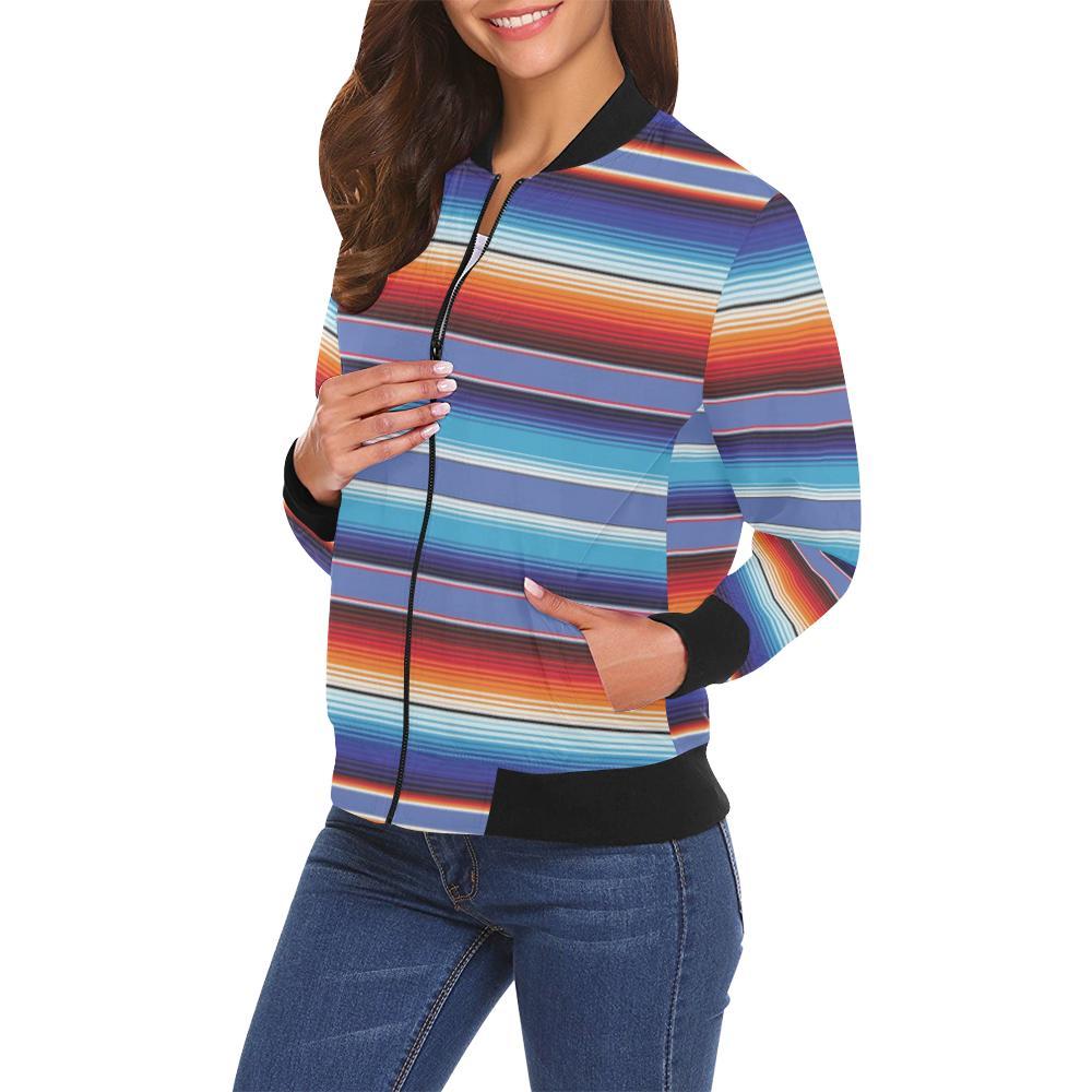 Baja Mexican Blanket Serape Pattern Print Women Casual Bomber Jacket-grizzshop