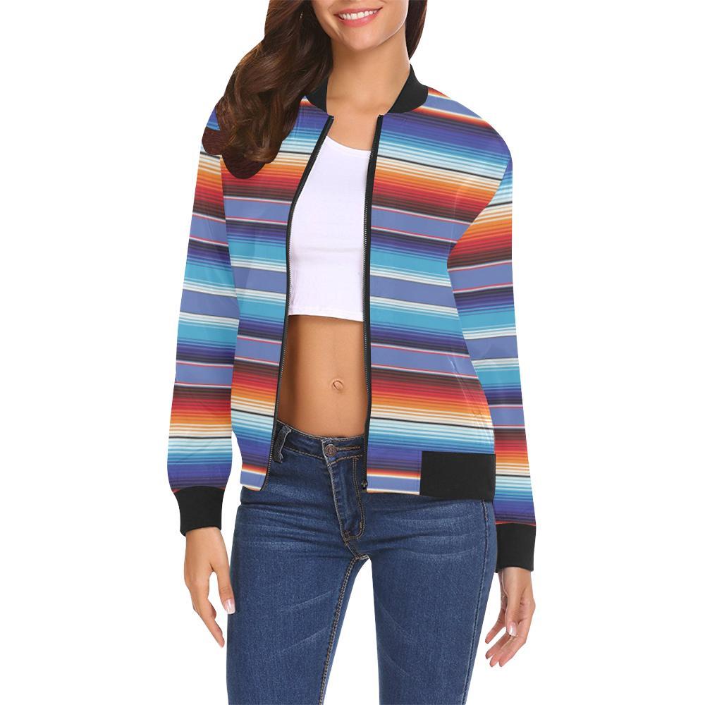 Baja Mexican Blanket Serape Pattern Print Women Casual Bomber Jacket-grizzshop