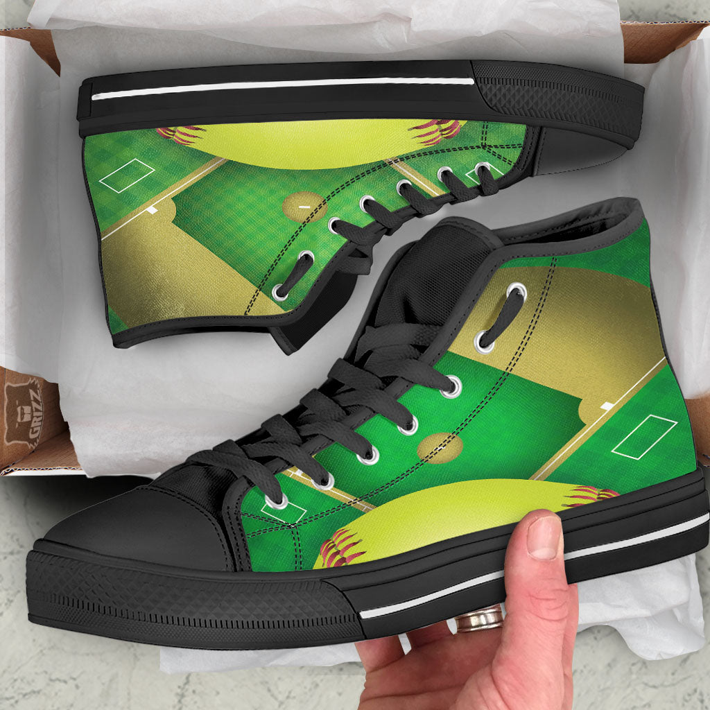 Ball And Softball Field Print Black High Top Shoes-grizzshop