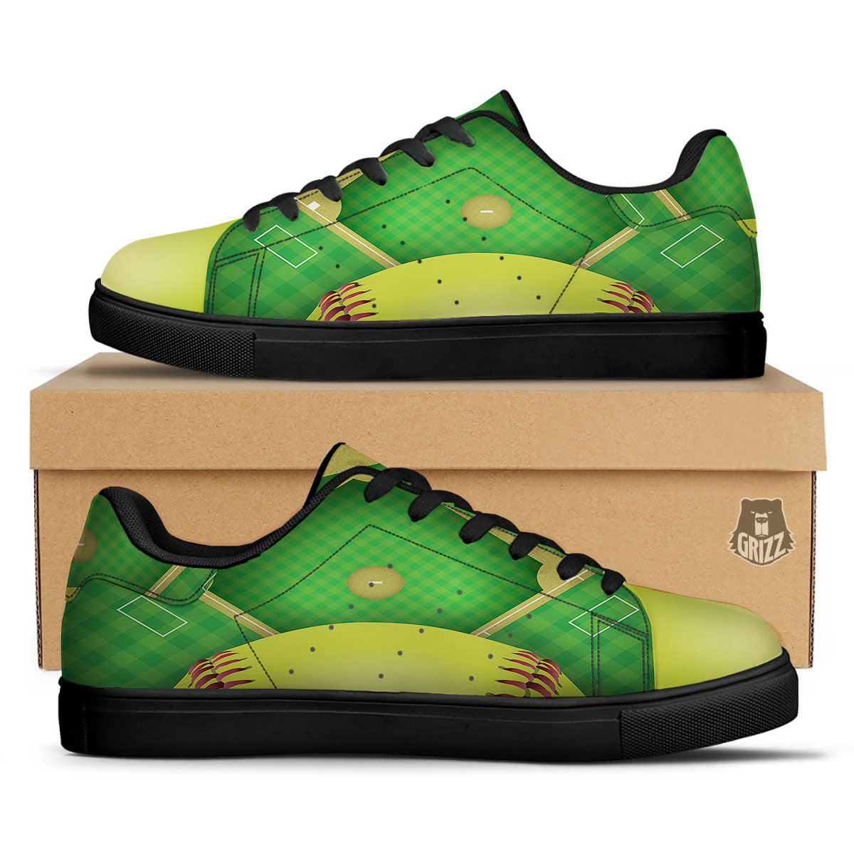 Ball And Softball Field Print Black Low Top Sneakers-grizzshop
