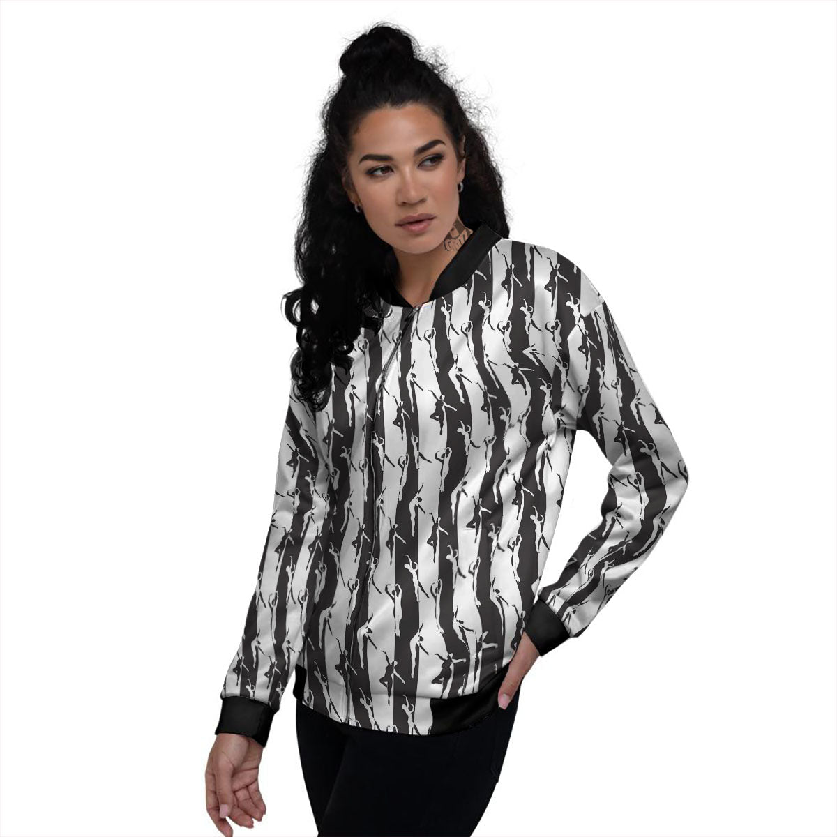 Ballet White And Black Print Pattern Women's Bomber Jacket-grizzshop