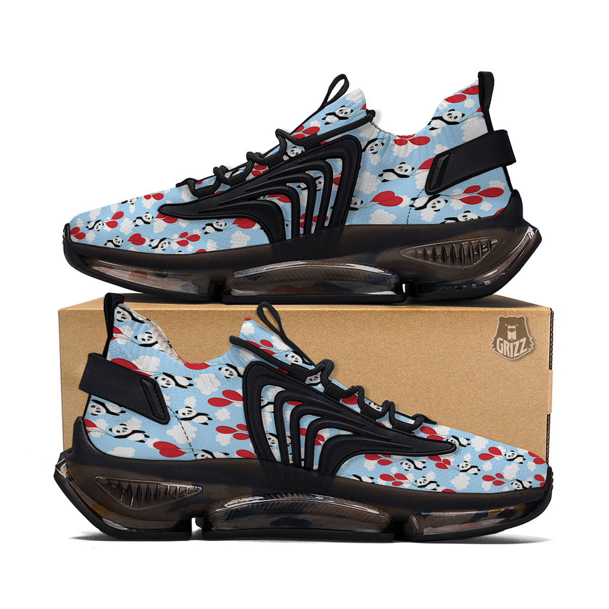 Balloon And Cute Panda Print Pattern Black Gym Shoes-grizzshop