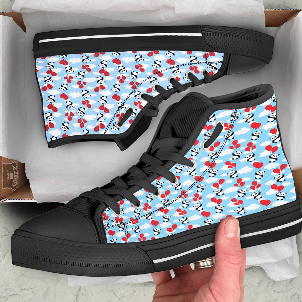 Balloon And Cute Panda Print Pattern Black High Top Shoes-grizzshop