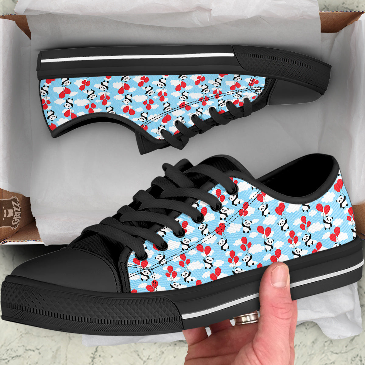 Balloon And Cute Panda Print Pattern Black Low Top Shoes-grizzshop