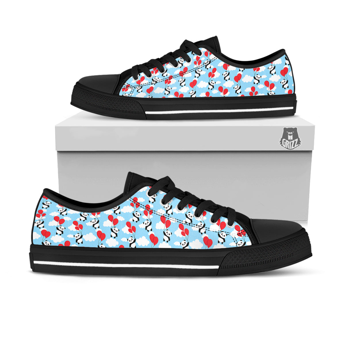 Balloon And Cute Panda Print Pattern Black Low Top Shoes-grizzshop