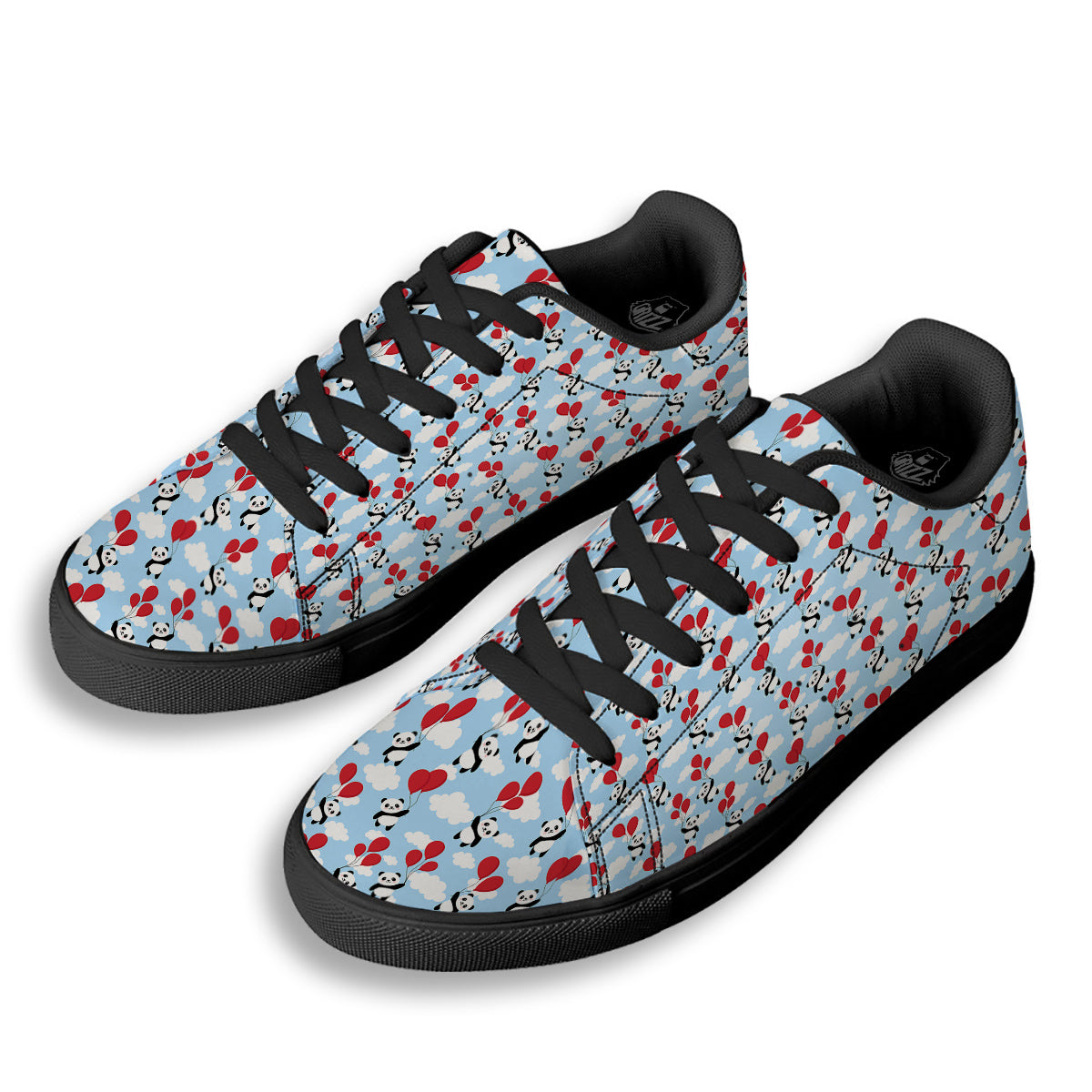 Balloon And Cute Panda Print Pattern Black Low Top Sneakers-grizzshop