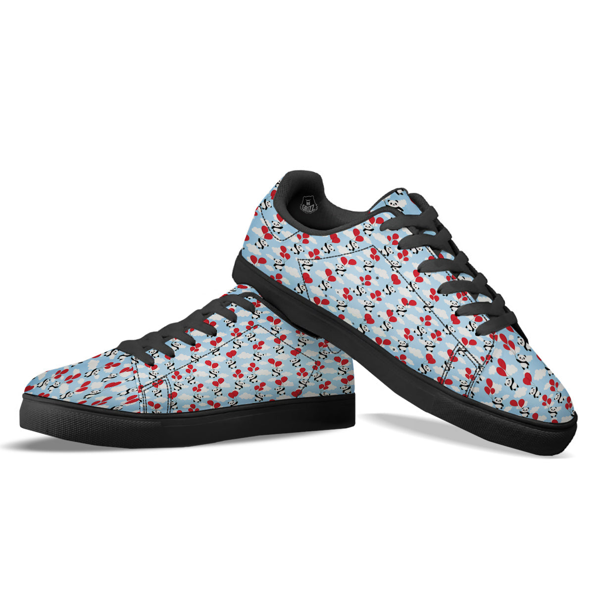 Balloon And Cute Panda Print Pattern Black Low Top Sneakers-grizzshop