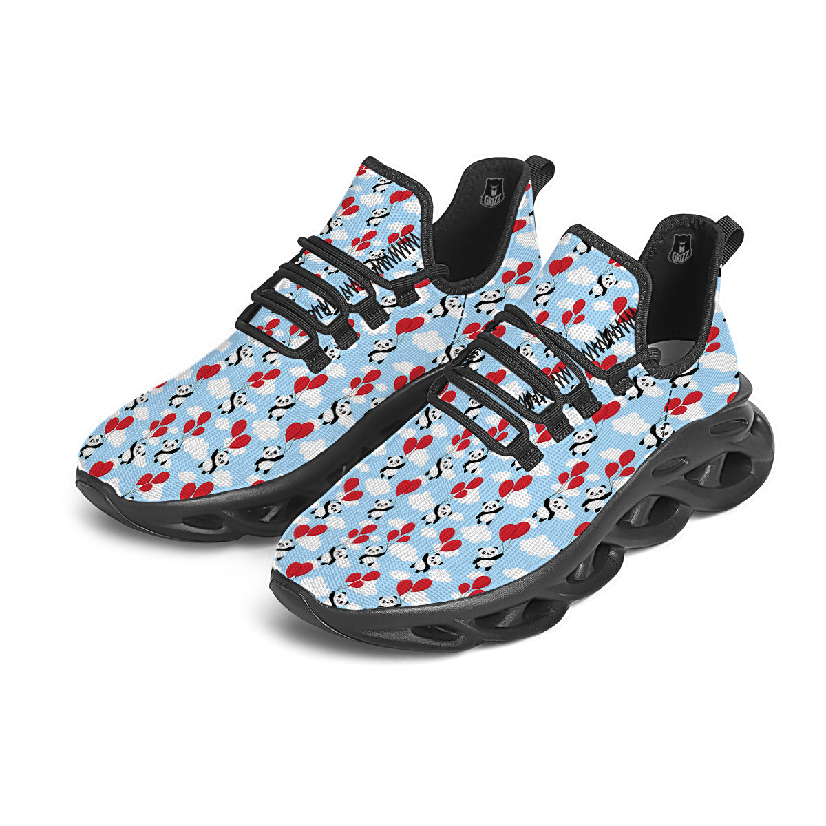 Balloon And Cute Panda Print Pattern Black Running Shoes-grizzshop