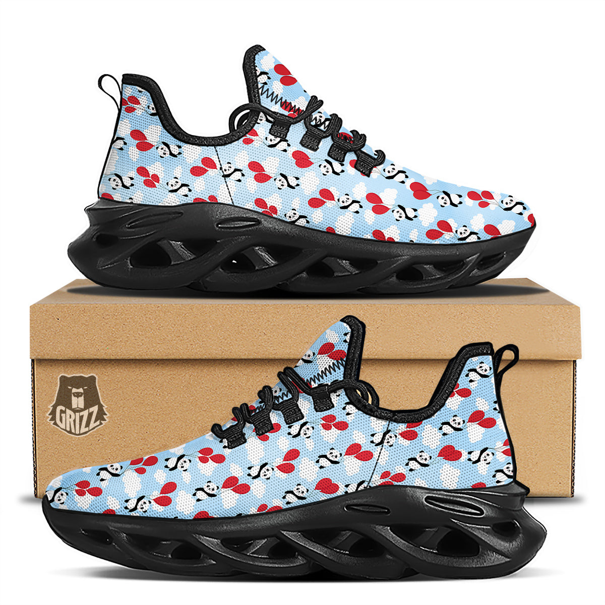 Balloon And Cute Panda Print Pattern Black Running Shoes-grizzshop