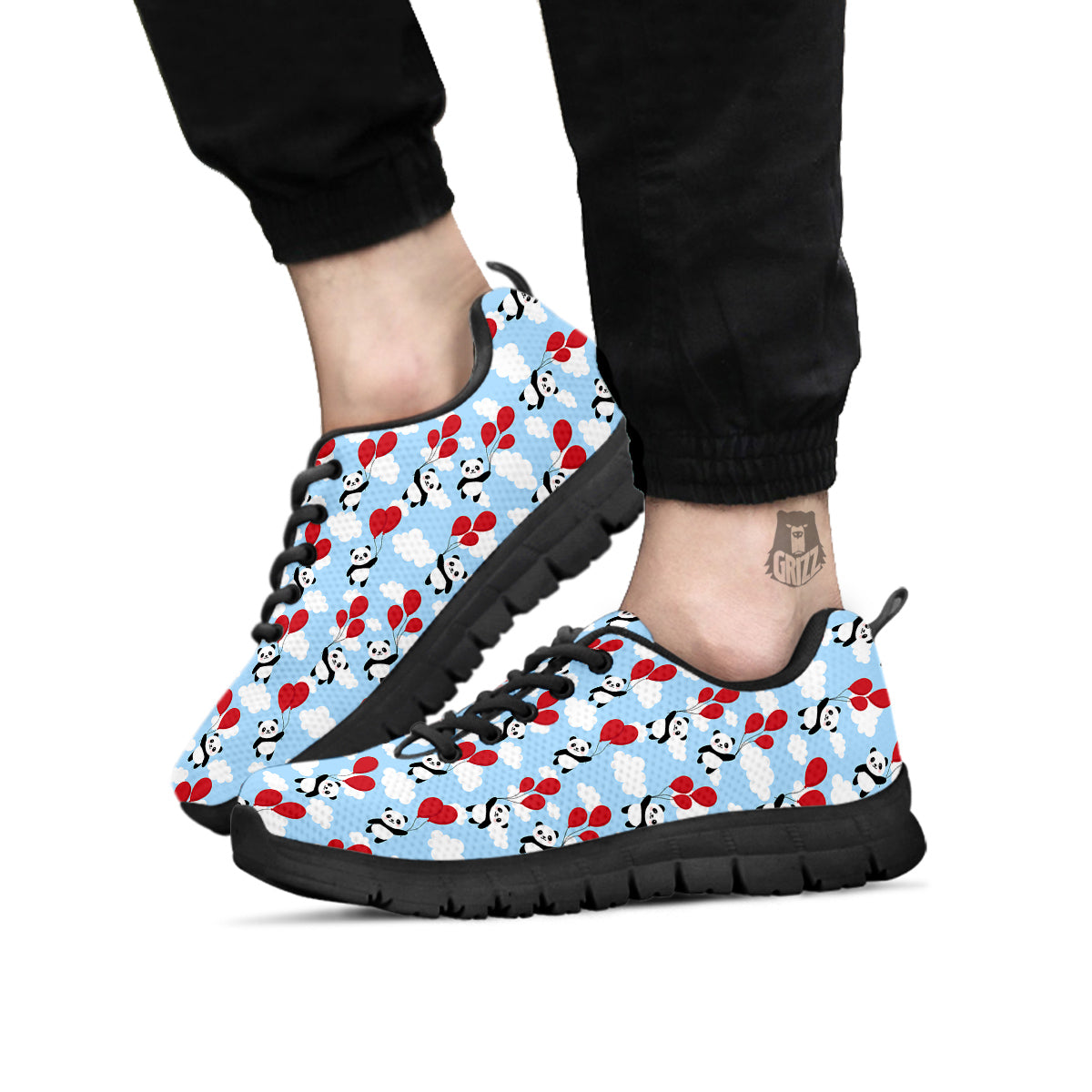 Balloon And Cute Panda Print Pattern Black Sneaker-grizzshop