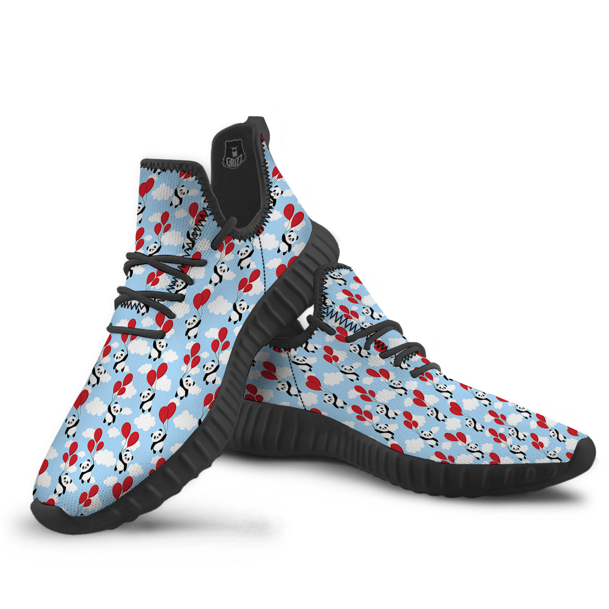 Balloon And Cute Panda Print Pattern Black Walking Shoes-grizzshop