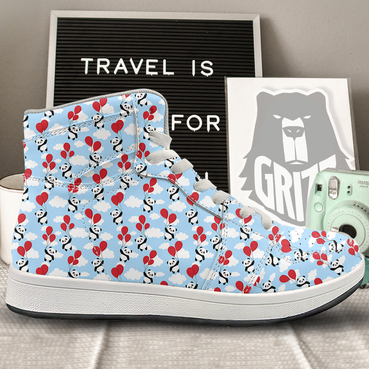 Balloon And Cute Panda Print Pattern High Top Sneakers-grizzshop