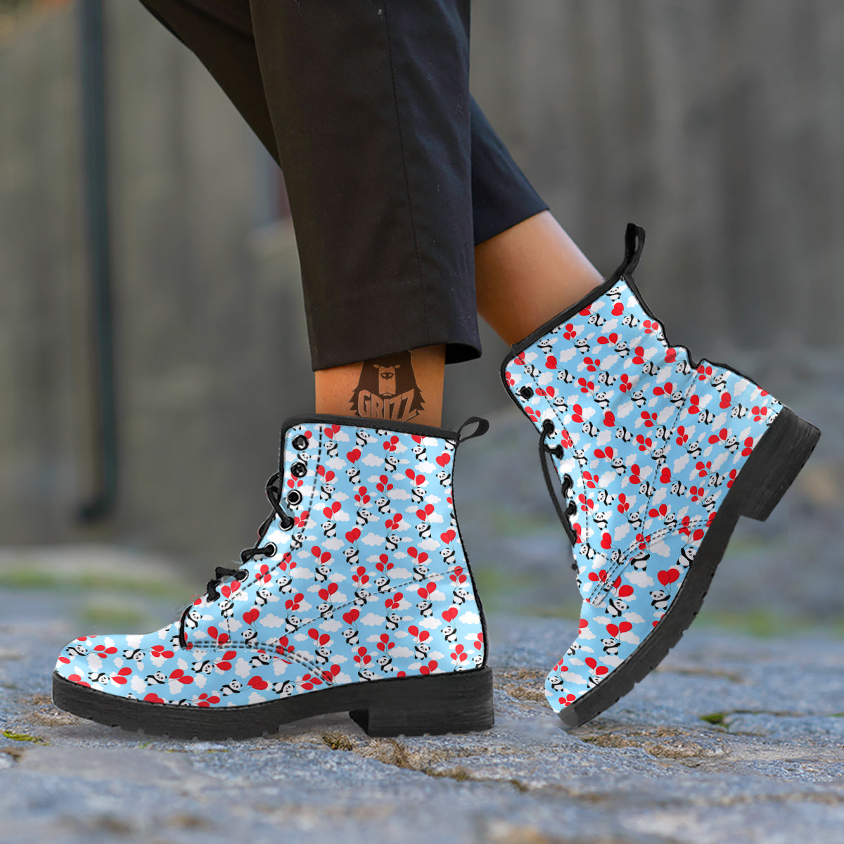 Balloon And Cute Panda Print Pattern Leather Boots-grizzshop