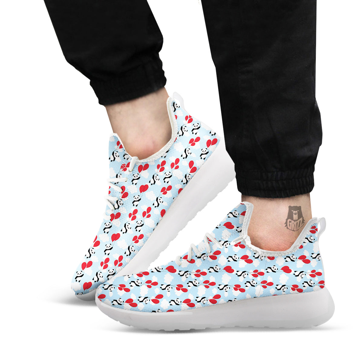 Balloon And Cute Panda Print Pattern White Athletic Shoes-grizzshop