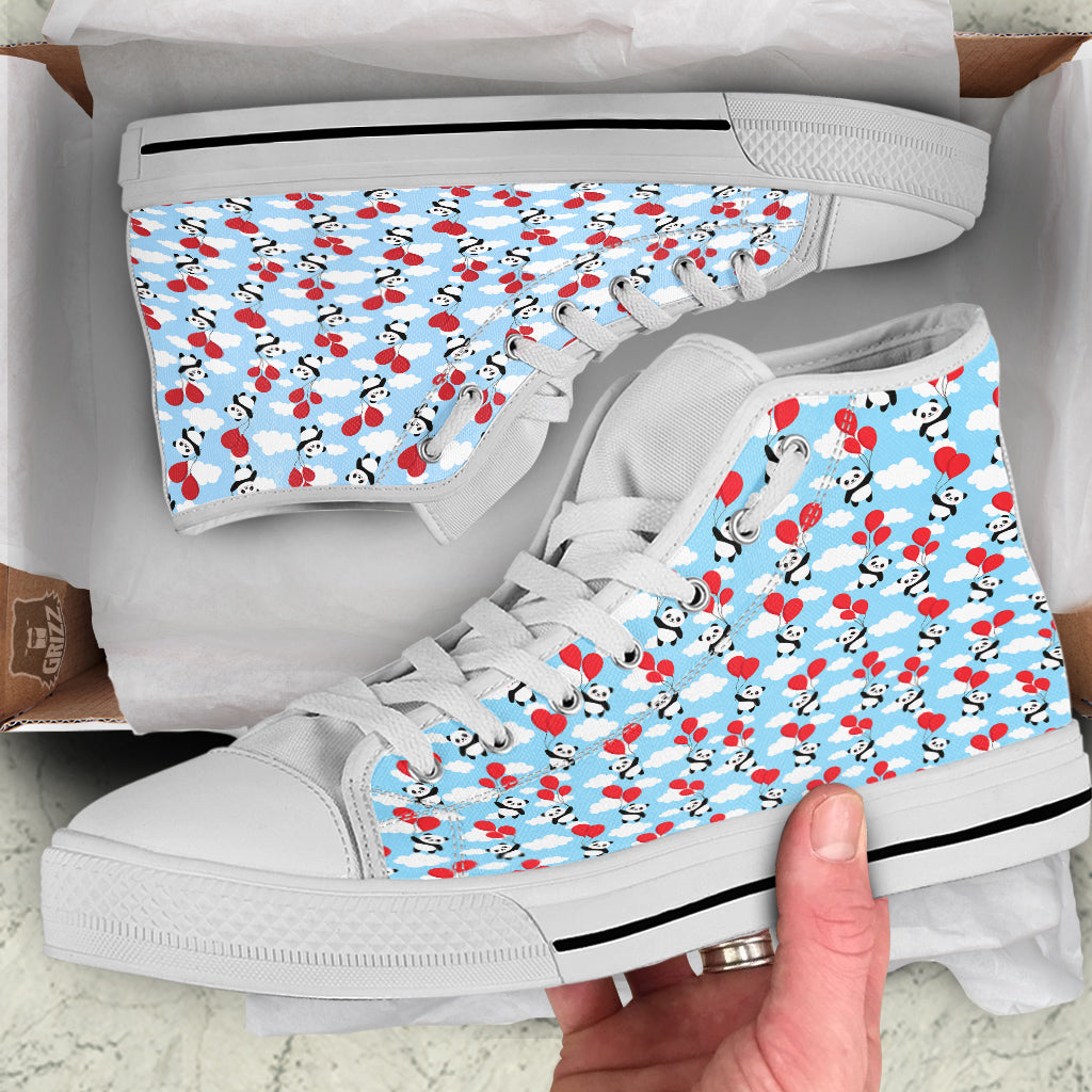 Balloon And Cute Panda Print Pattern White High Top Shoes-grizzshop