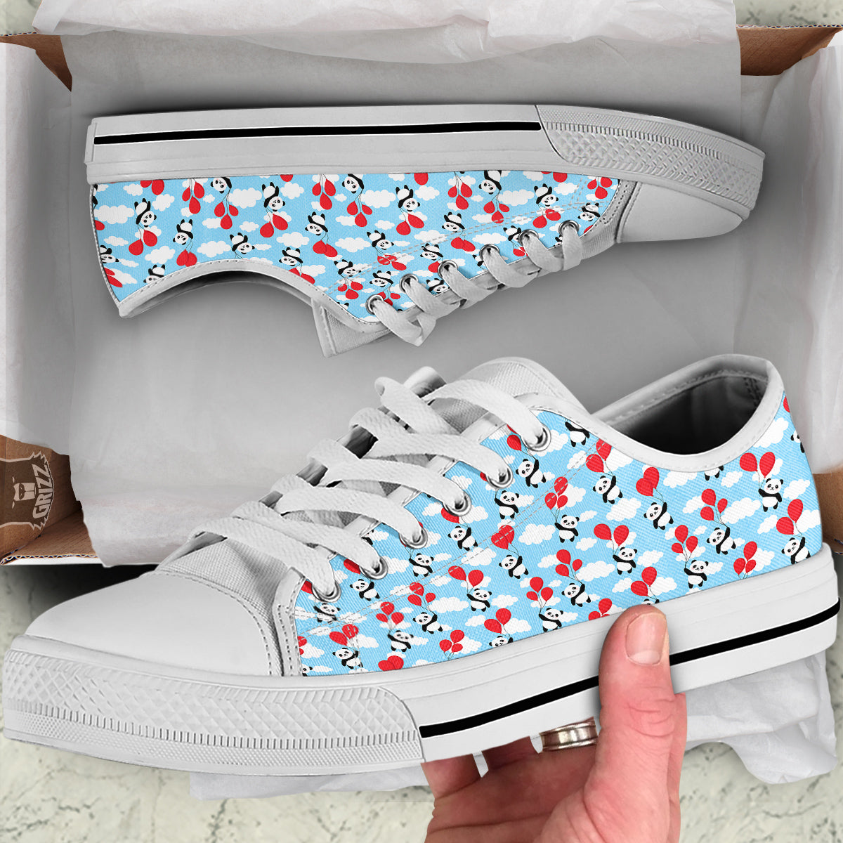 Balloon And Cute Panda Print Pattern White Low Top Shoes-grizzshop