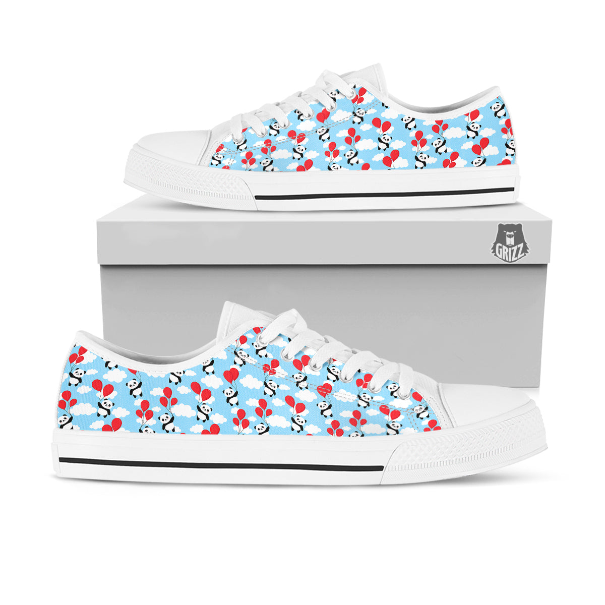 Balloon And Cute Panda Print Pattern White Low Top Shoes-grizzshop