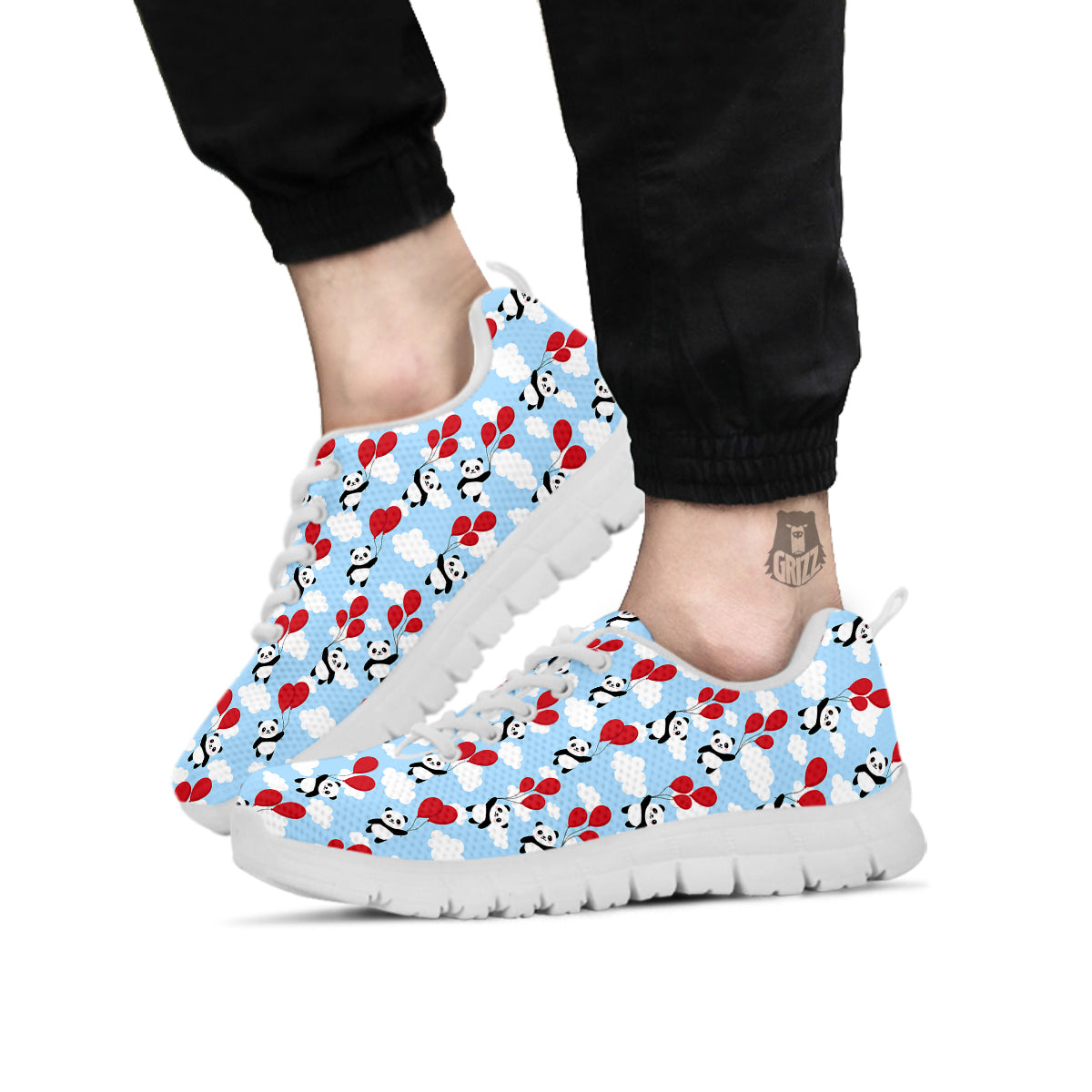 Balloon And Cute Panda Print Pattern White Sneaker-grizzshop