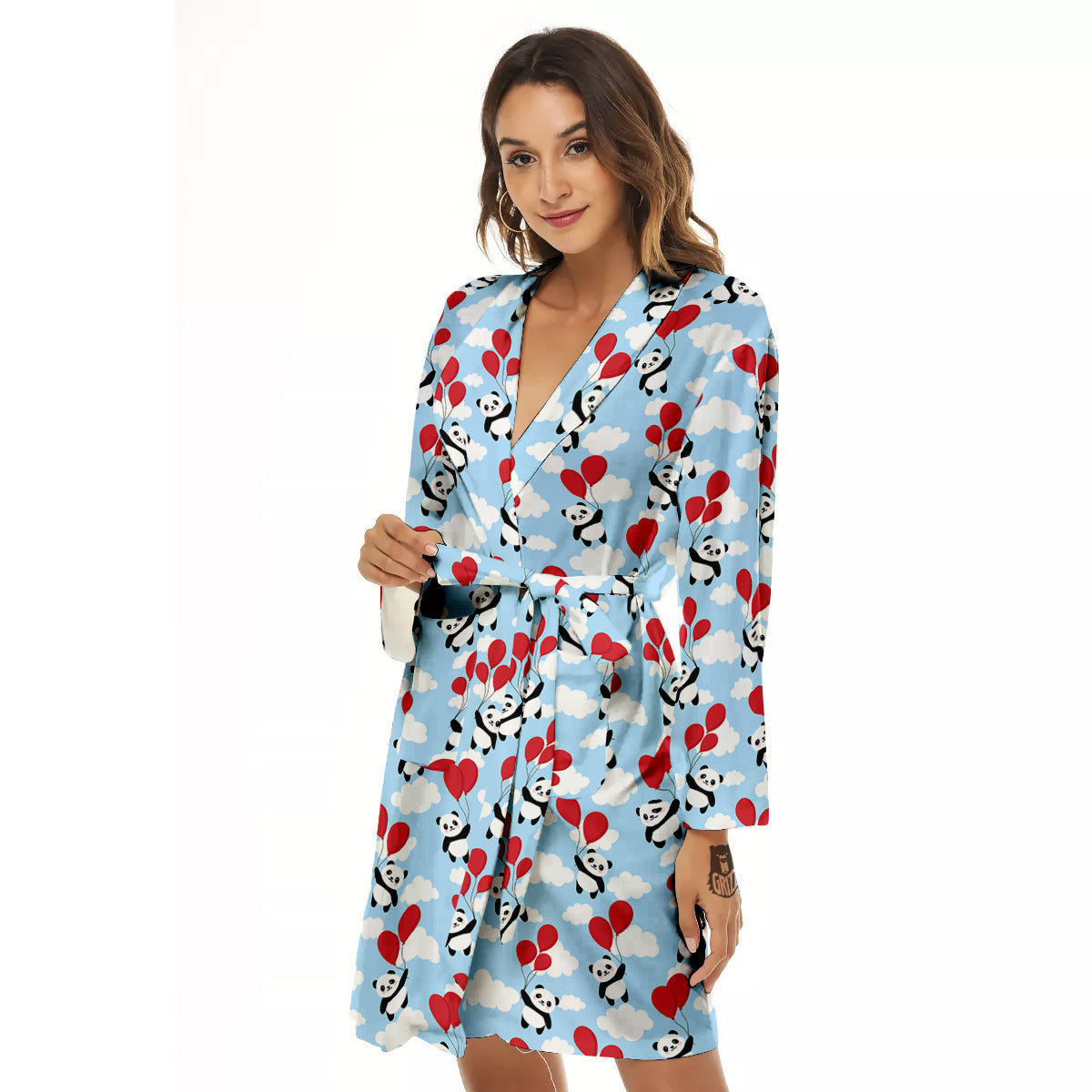 Balloon And Cute Panda Print Pattern Women's Robe-grizzshop